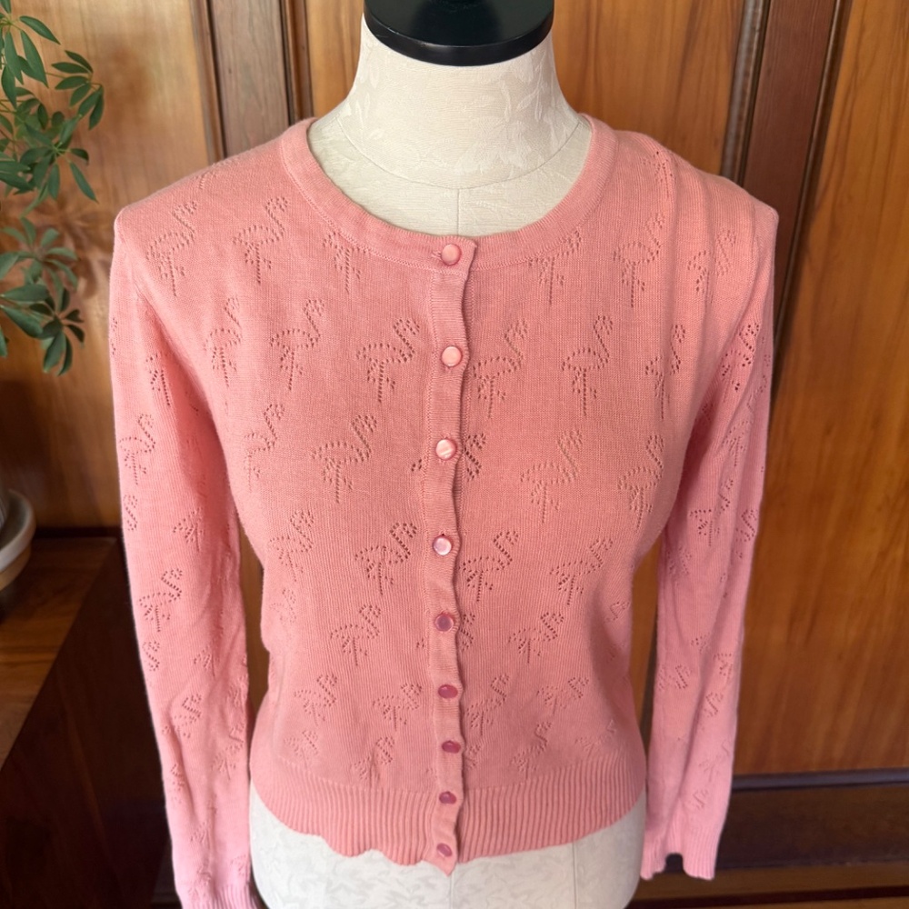 Pink Flamingo Cardigan Knit Sweater, Banned Apparel Retro, Pinup 50s Style Large